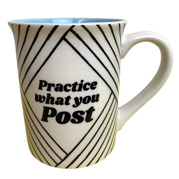 Practice What You Post 16 Oz Ceramic COFFEE MUG White + Blue Enesco/ Mud - Picture 1 of 5